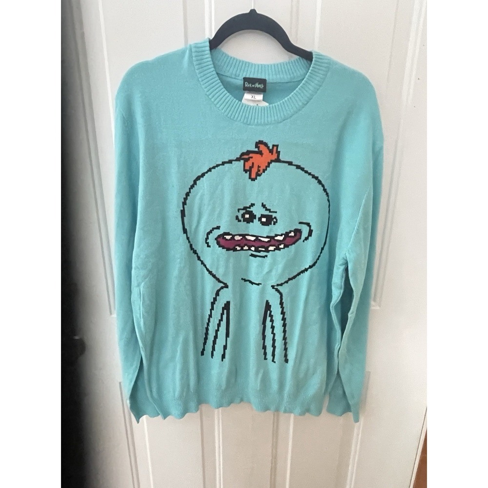 Rick and Morty Knit Sweater Turquoise Pixel Graphic Size‎ XL Adult Swim